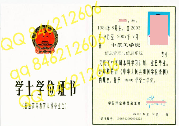 2007年中原工学院学位证样本