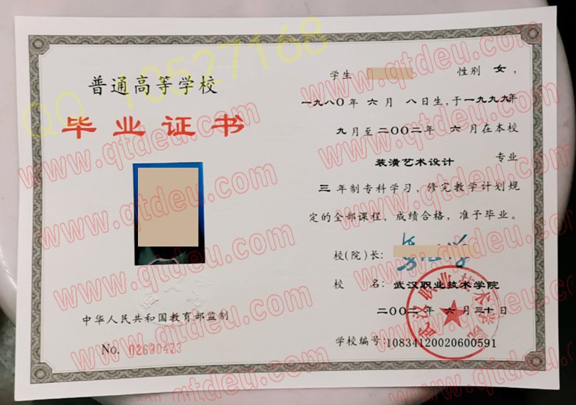 武汉职业技术学院-2002年大专毕业证样板(样本)