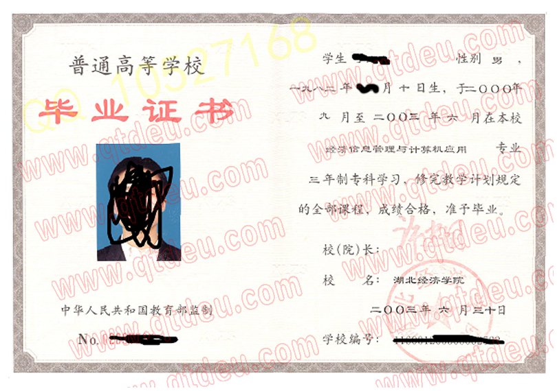 湖北经济学院毕业证样板/样本