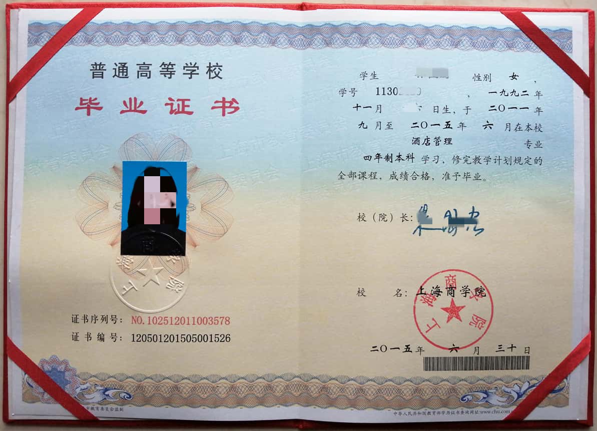 2015年上海商学院毕业证高清样本【酒店管理】