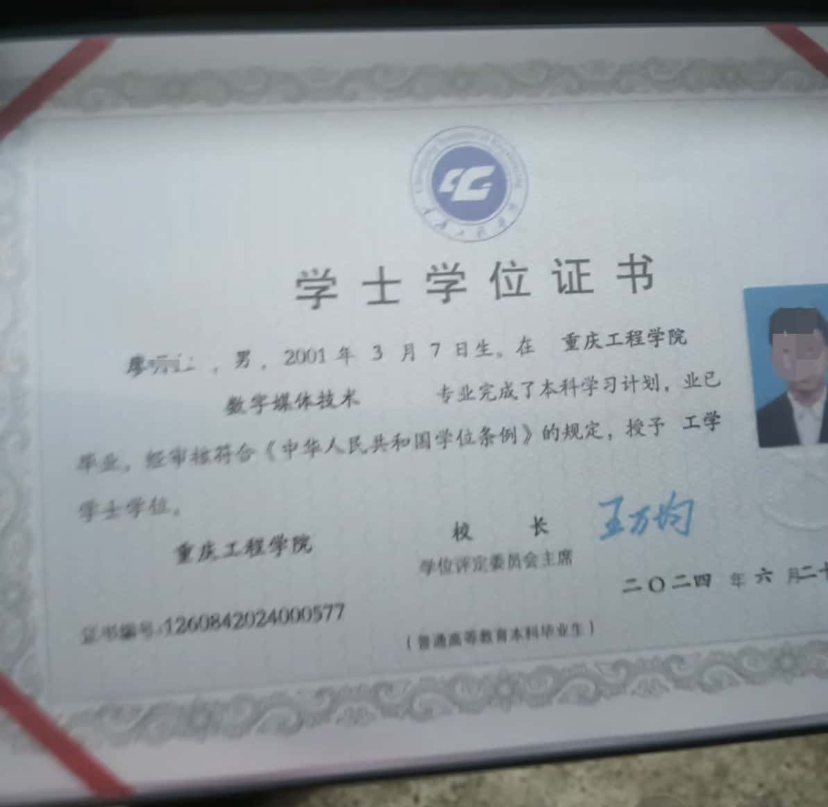 重庆工程学院2024年学位证样本图片(数字媒体技术)