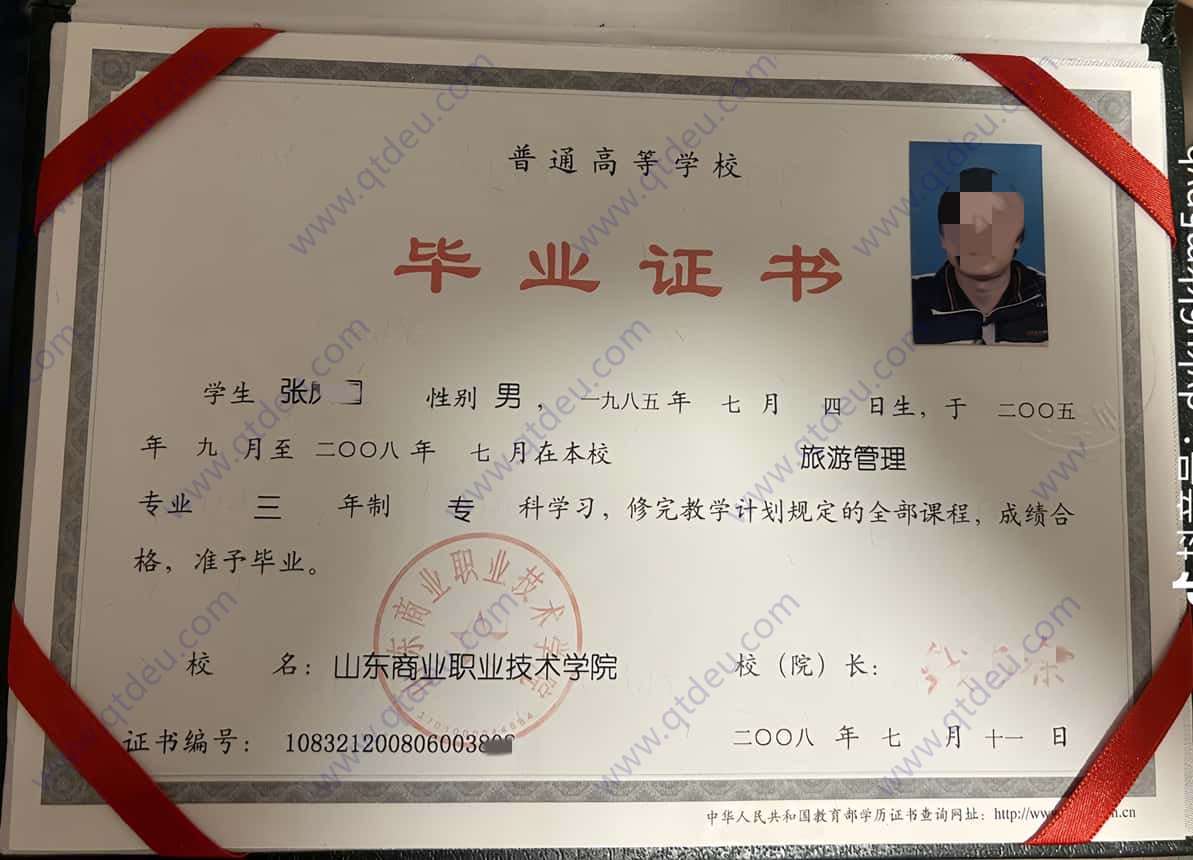 山东商业职业技术学院08年大专毕业证图片