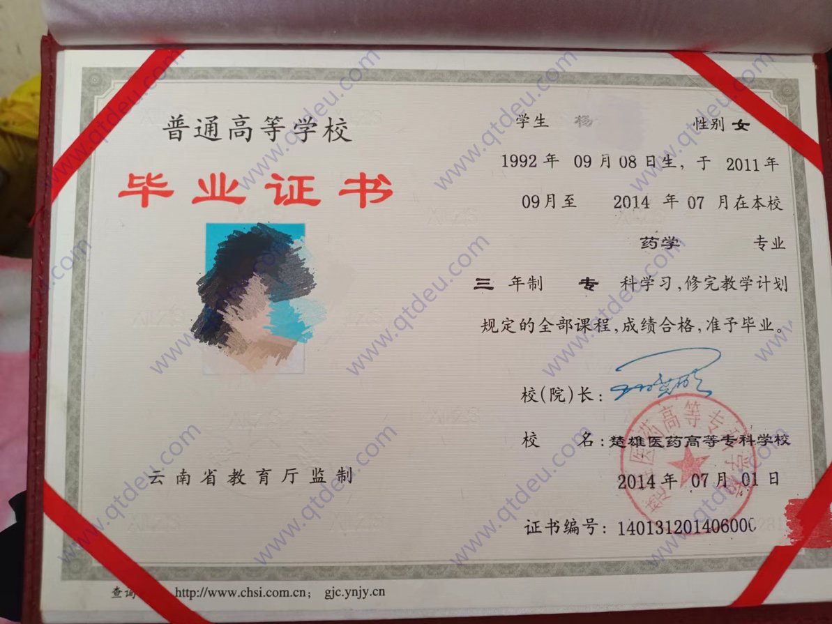 楚雄医药高等专科学校 14年全日制大专毕业证图片