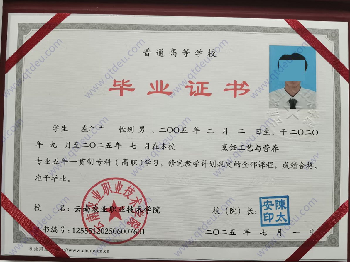 云南农业职业技术学院25年 五年一贯制大专毕业证