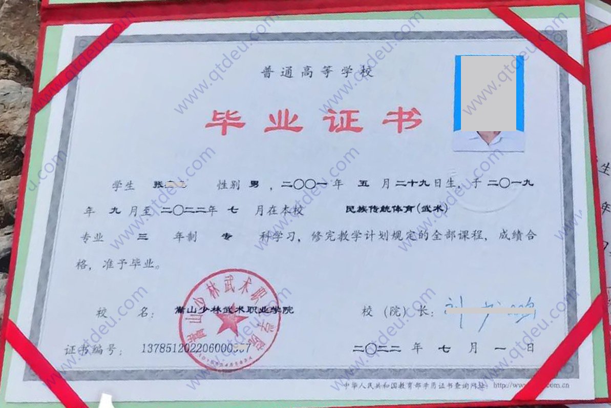 嵩山少林武术职业学院22年全日制大专毕业证样本