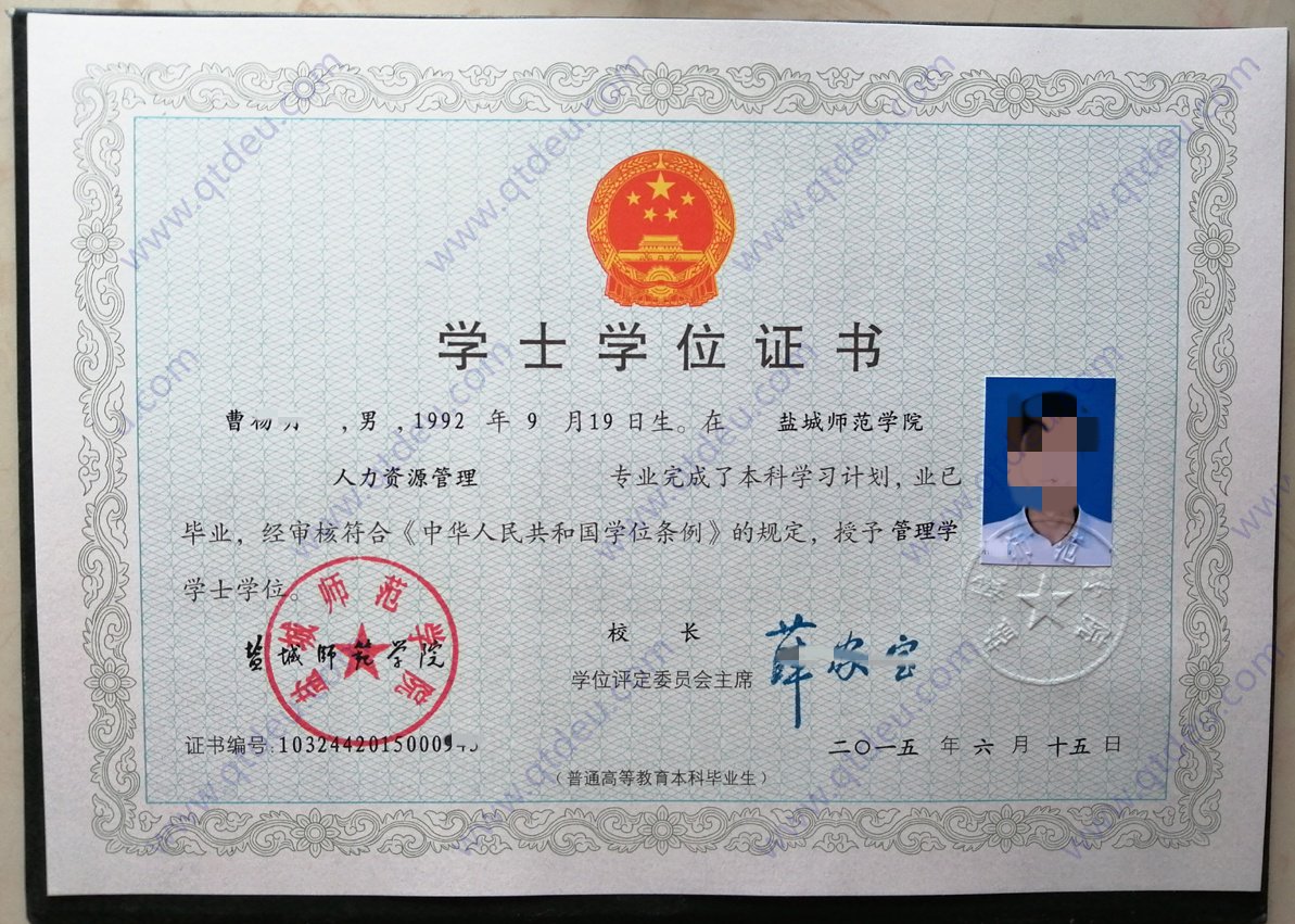 盐城师范学院 15年学位证样本