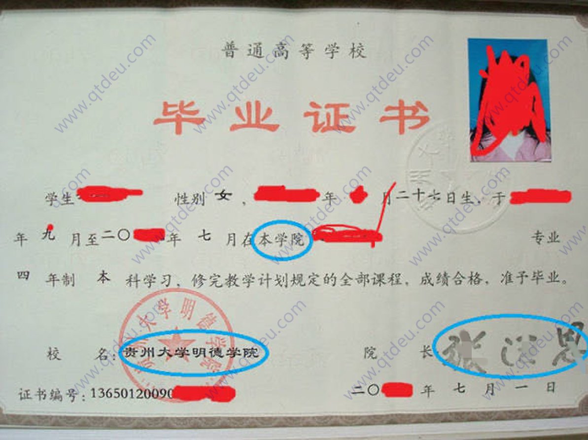 贵州大学明德学院 09年全日制本科毕业证原版样式
