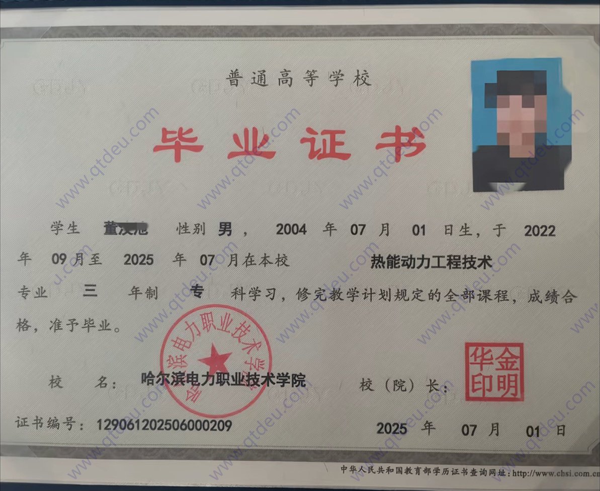哈尔滨电力职业技术学院25年全日制大专毕业证原版样本样式图