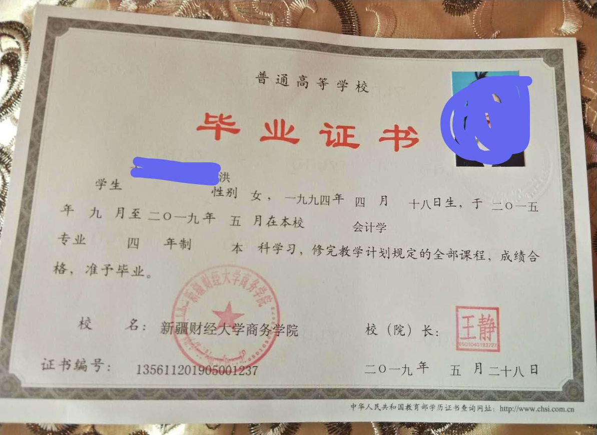 新疆财经大学商务学院19年全日制本科毕业证原版样式图