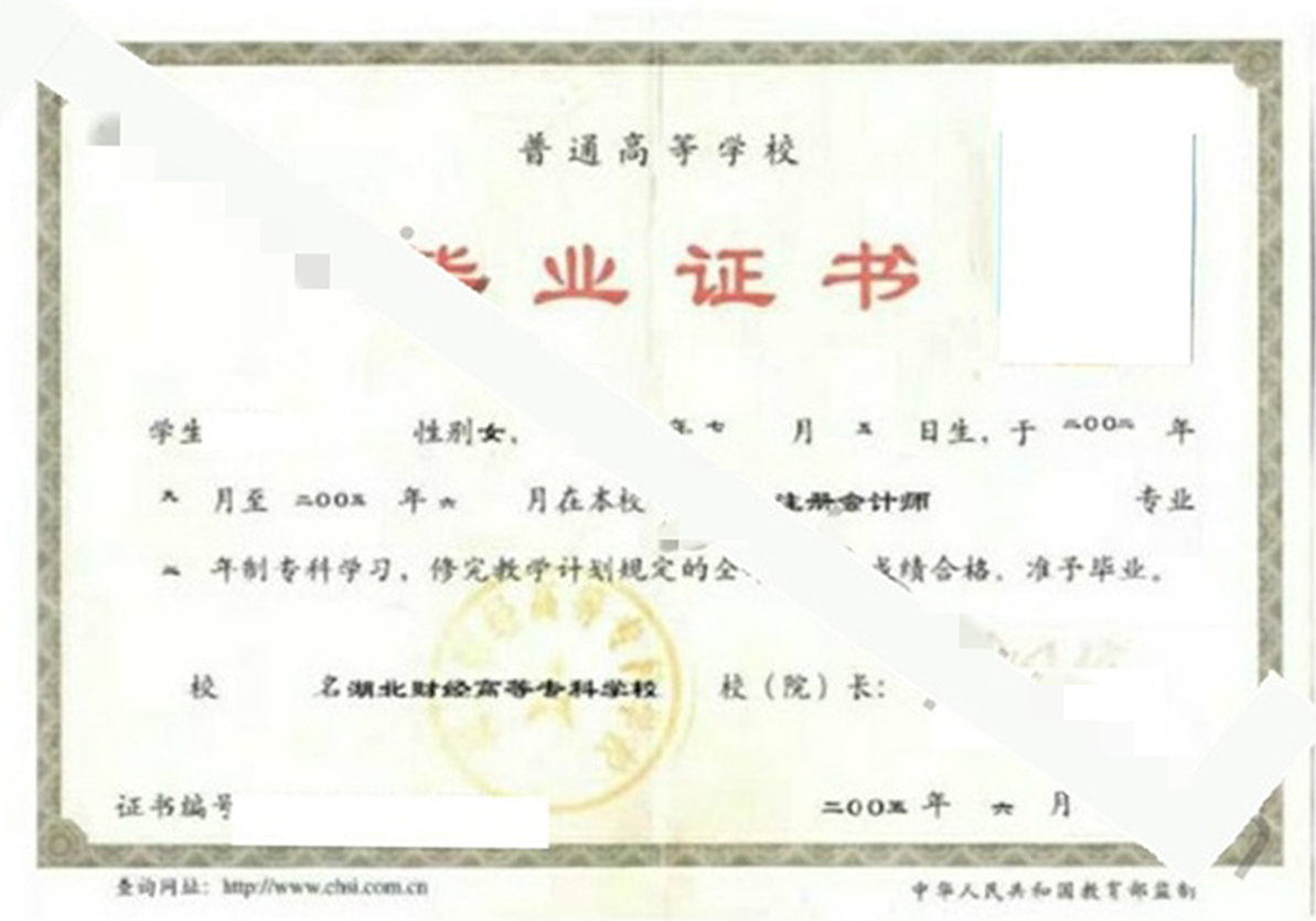 湖北财经高等专科学校2005年全日制大专毕业证原版清晰图