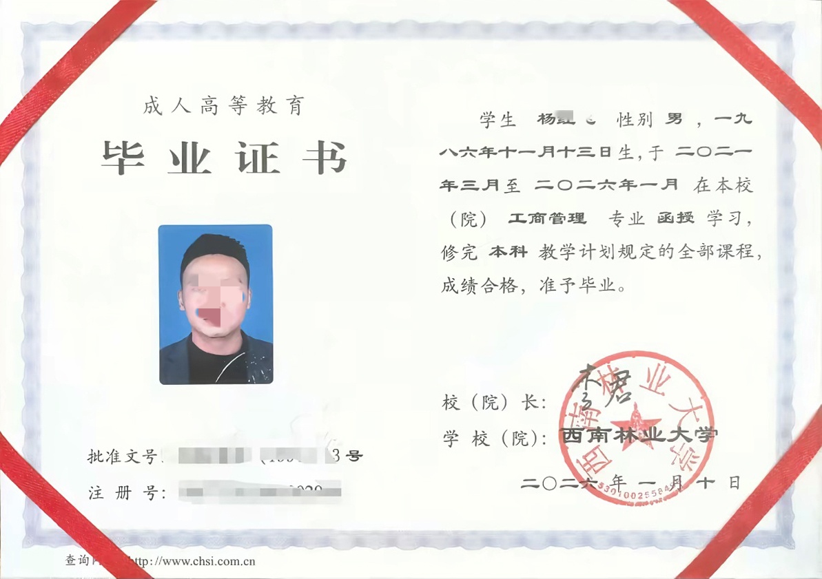 西南林业大学26年成教函授本科毕业证原版样本样式图