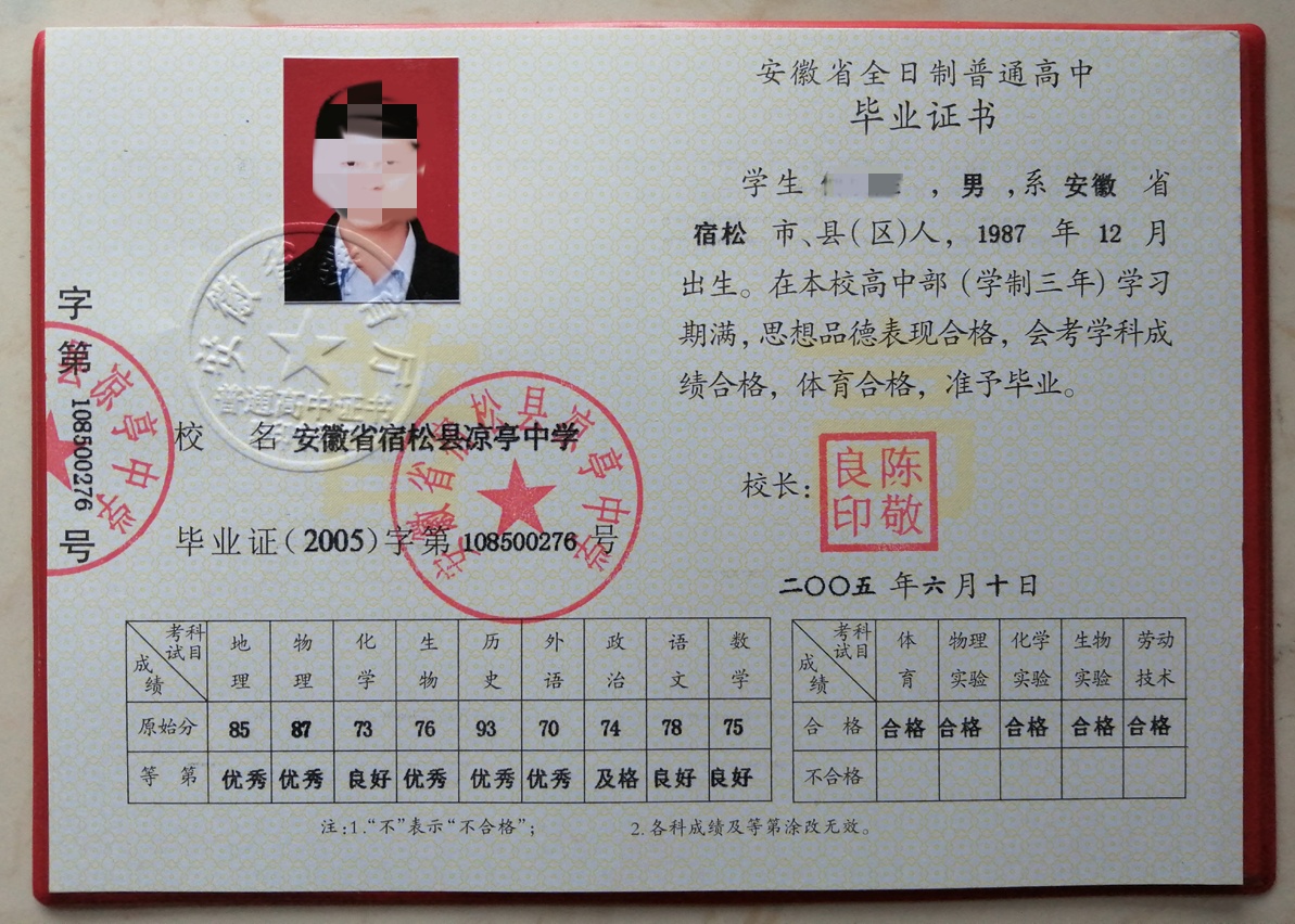 安徽省宿松县凉亭中学05年高中毕业证原版样本图片